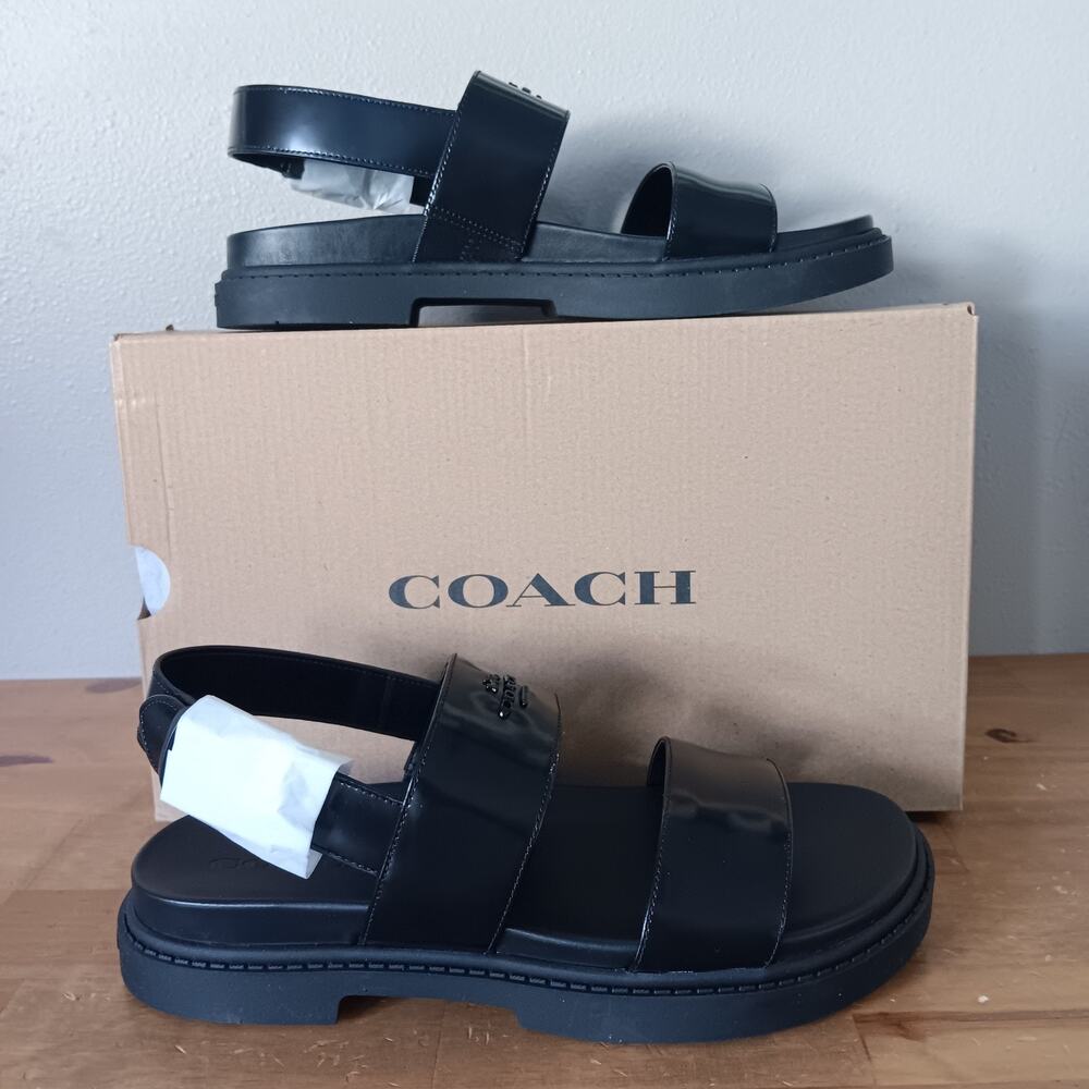 Coach Lockup Two Band Sandal CAP52 Size 7.5 B - Black Leather - Gold Buckle NWB